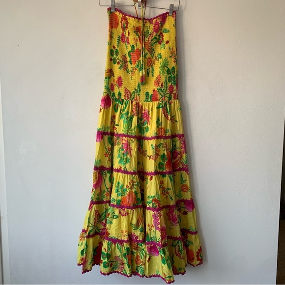 Farm Rio Delicate Fruit Garden Yellow Smocked Strapless Halter Tiered Maxi Dress - Picture 10 of 14